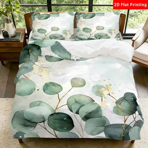 2/3 Pcs 2D Flat Watercolor Eucalyptus Leaves Duvet Cover Set, Eucalyptus Bedding Set Quilt Cover 1 Duvet Cover + 1/2 Pillowcases, Eucalyptus Top Sheet Decorative Bedding Bedroom Decor