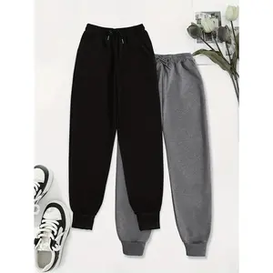 Two Pack Pants, Solid Drawstring High Waisted Sweatpants, Casual Every Day Pants, Women's Clothing