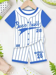 Boys' 2-Piece Baseball Style Set, Summer Short Sleeve T-Shirt + Striped Shorts, Breathable Casual Sportswear, Comfortable Daily Wear