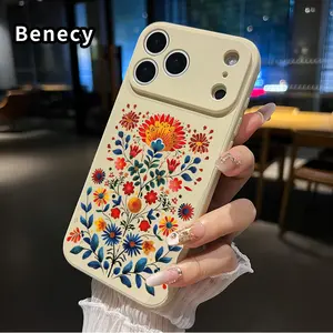 Floral Elegance Symphony Pattern Straight Edge Phone Case for iPhone 17 15 16 14 Pro Max 13 12 11 XR XS Plus Air E Shockproof Drop Protection Rugged Durable Liquid Silicone Cover Cellphone Protective