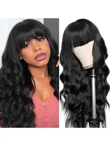 Body Wave Human Hair Wigs with Bangs for Black Women None Lace Front Wigs Wear and Go Glueless Wig with Bangs Brazilian Virgin Human Hair 16-34 Inch Black Woman Wigs
