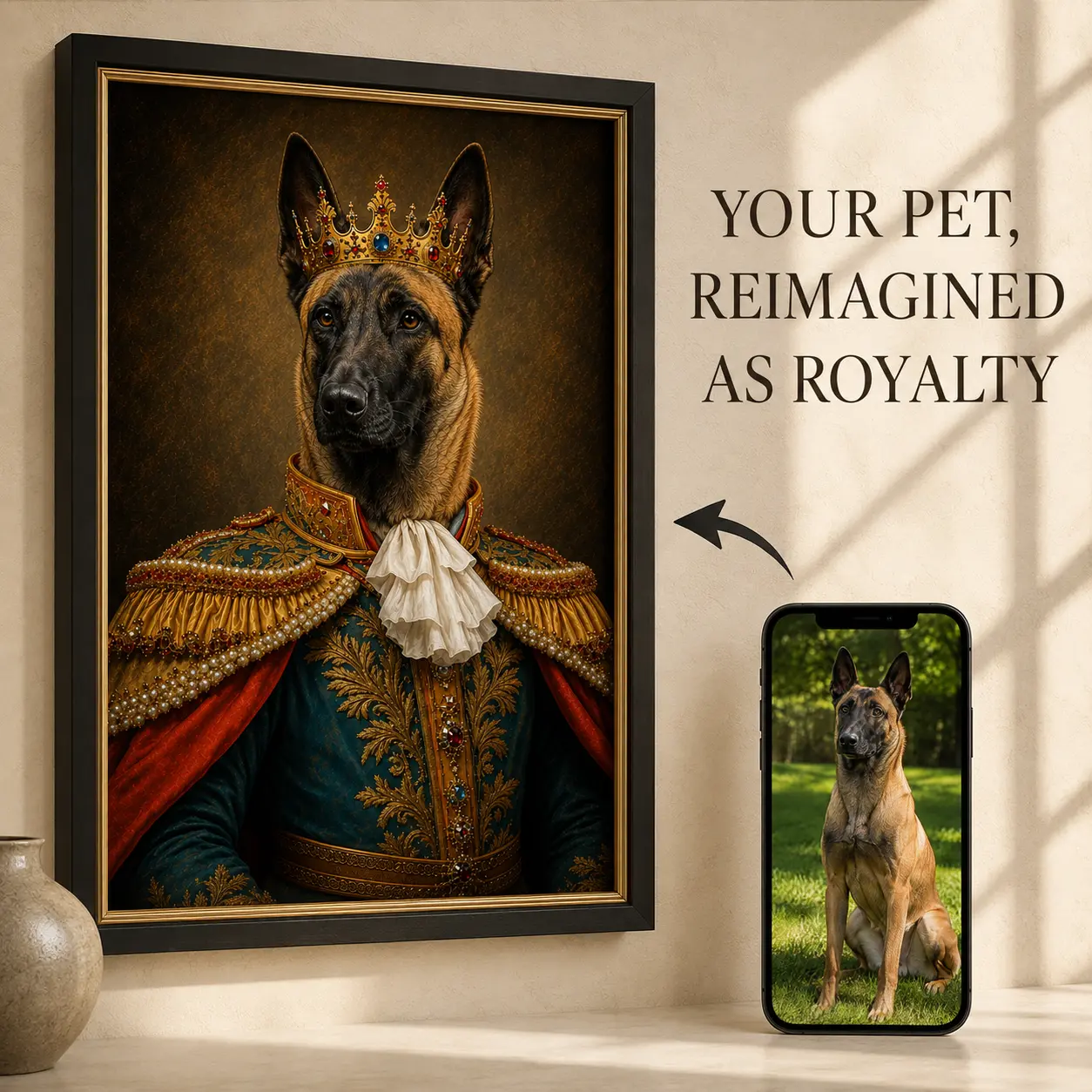Customized Royal Pet Portrait Canvas, Personalized Dog Portrait Wall Art, Luxurious Renaissance Style Pet Painting, A Unique Dog-Loving Gift for Pet Owners