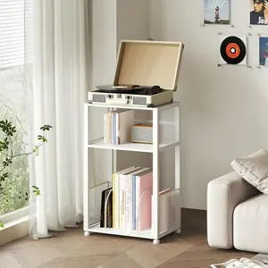 3 Tier Side Table, 27in Tall Vinyl Record Holder Stand, Compact Turntable Stand for Record Player, Small End Table with Metal Mesh Storage, （Rust Brown,White）