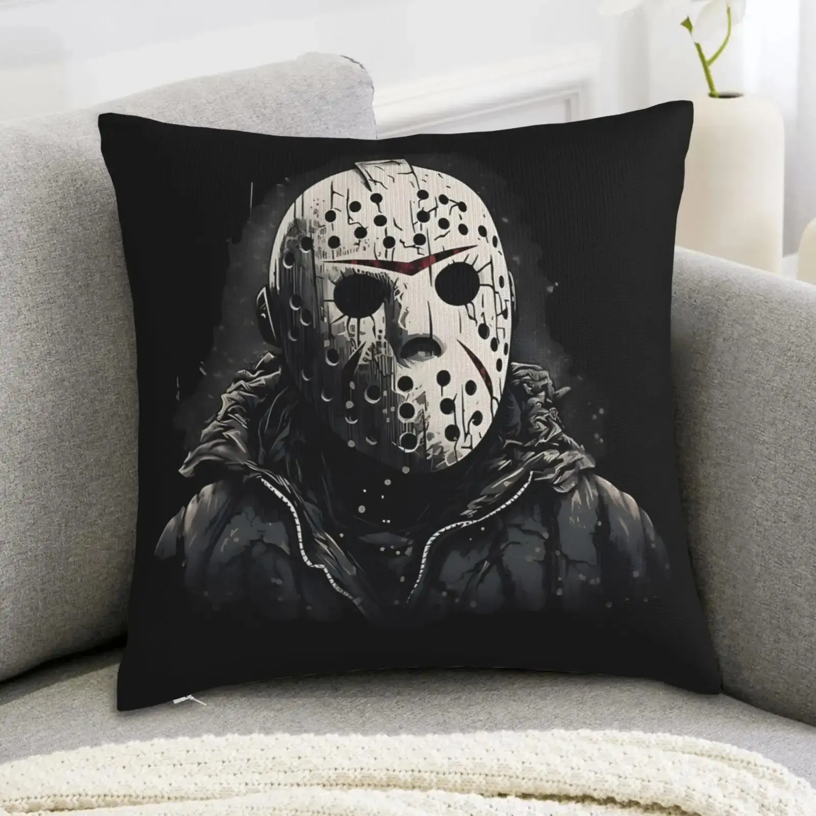 1pc 18x18in Jason Voorhees Friday the 13th Double-Sided Art Pillow Cover - Polyester Soft Short Plush, Halloween Horror Motif, Creative Decorative Cushion, Invisible Zipper, Machine Washable, Room Decor for Bedroom, Living Room