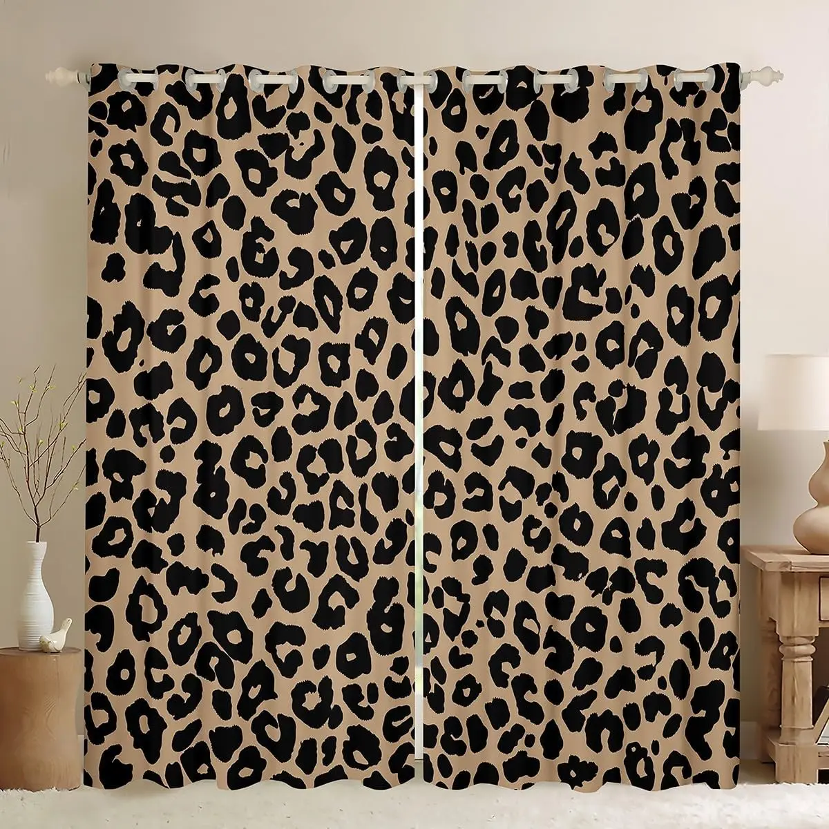 Leopard Print Curtains for Bedroom Living Room Cheetah Print Blackout Shades Black Brown Room Darkening Curtain Modern Art Window Treatments,2 Panels Decor