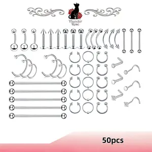 50-piece mixed body piercing jewelry set with internally threaded design, including stainless steel earrings, nose rings, belly rings and tongue studs.