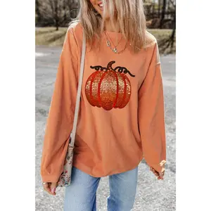 Sequin Pumpkin Round Neck Long Sleeve Sweatshirt -2 colors-