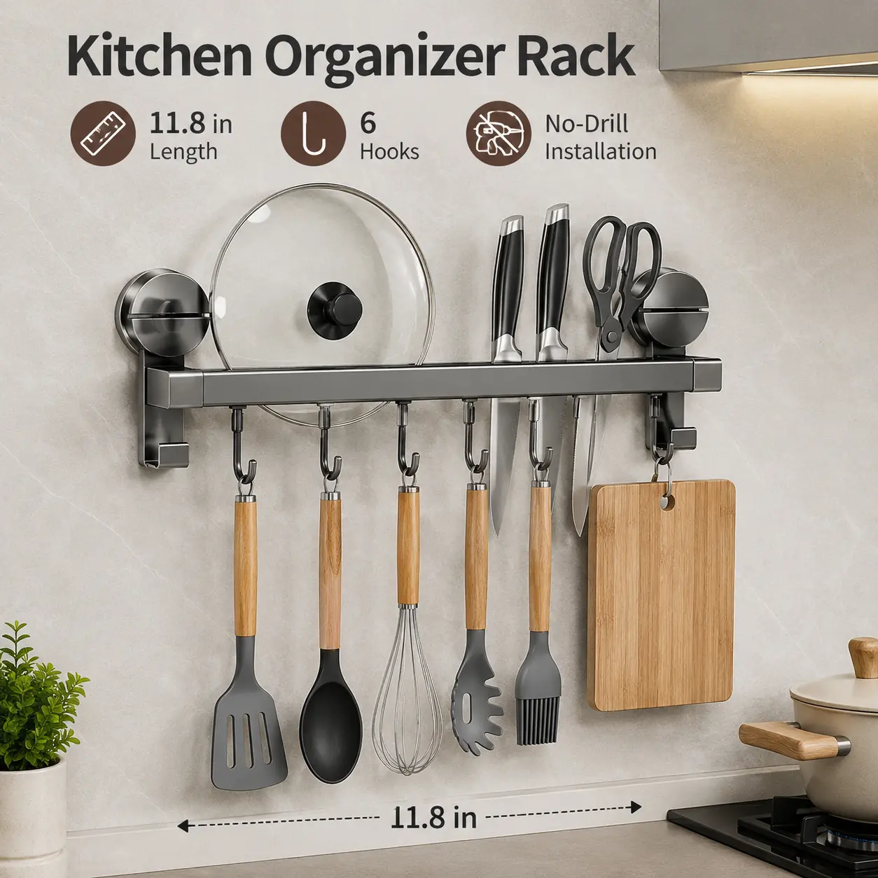 Suction Mount Kitchen Upper Hanging Storage Basket | Pullable Suction Wall Storage Rack with Hooks | Space Saving Kitchen Organizer for Small Kitchens,dorm essentials,home decor