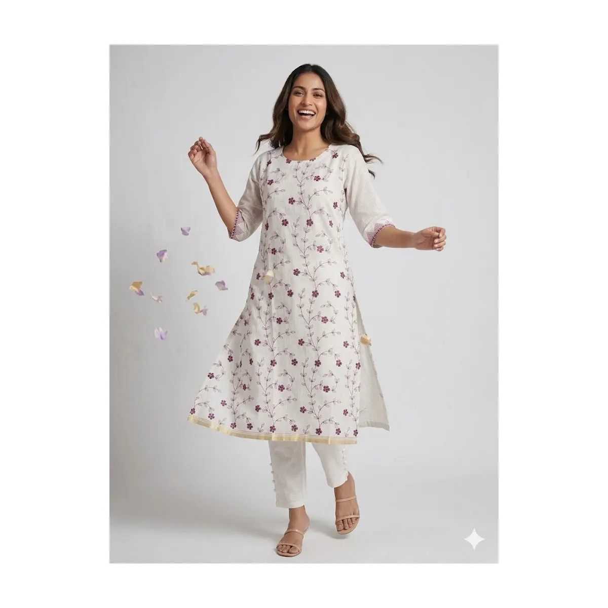 Kurthitop-6 White Floral Vine Printed Kurti | Round Neck | 3/4 Sleeves | Everyday to Festive Wear