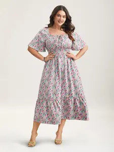 BLOOMCHIC Smocked Waist Floral Ties Tiered Maxi Sun Dress Casual Fit Summer Square Neck Ditsy Floral Ruffle Sleeve Bohemian Fitted Multicolor Pocket Shortsleeve 2026 Spring Break Gift For Easter's Day Mother's Day
