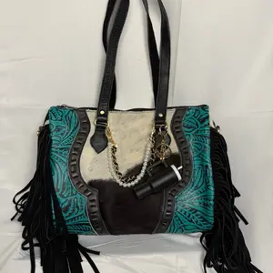 Turquoise Tooled Fringe Cowhide Tote