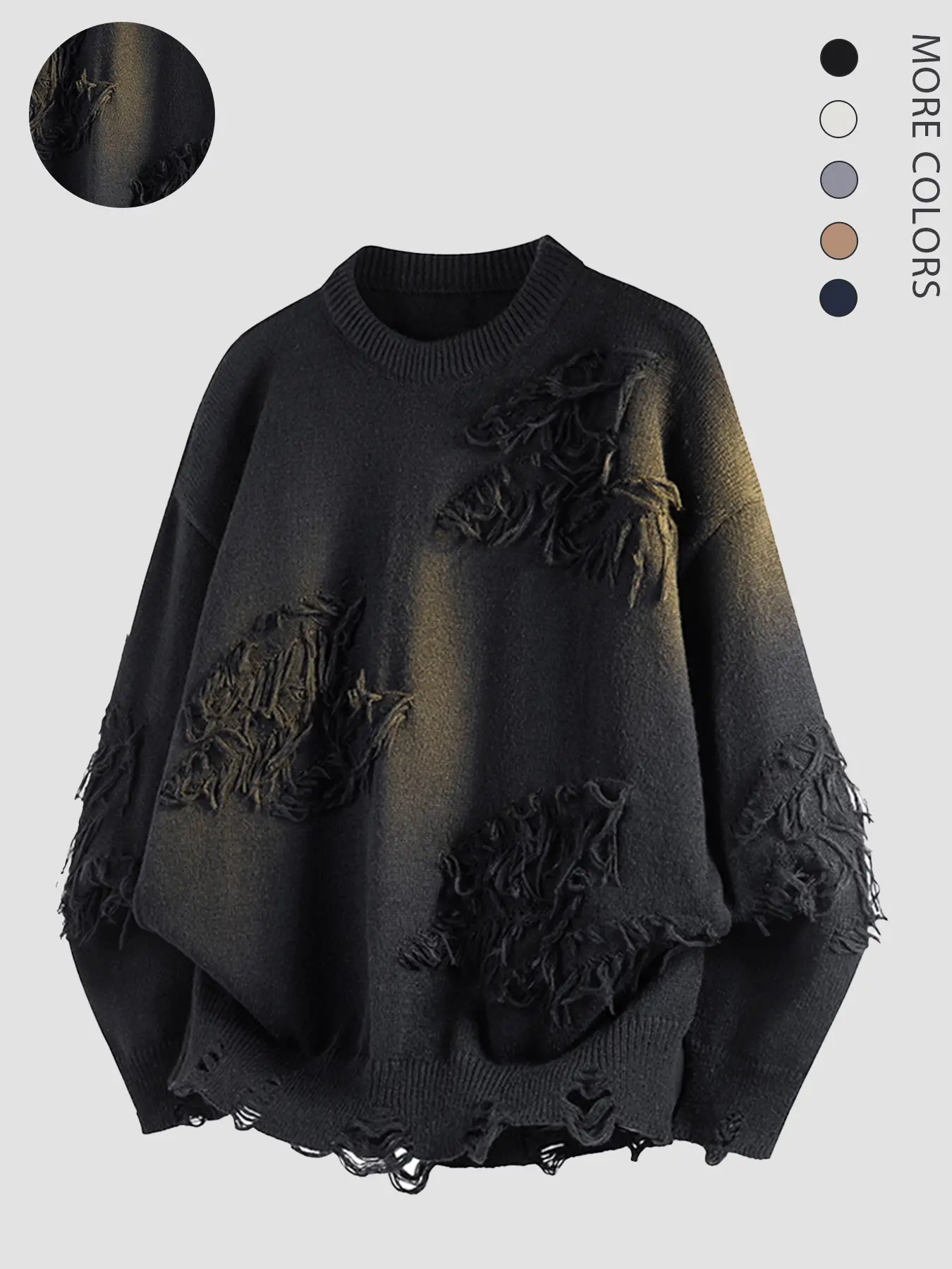 Oversized Distressed Fringe Knit Sweater, Crew Neck Ripped Raw Hem Pullover, Vintage Grunge Loose Fit Long Sleeve Jumper For Men Women