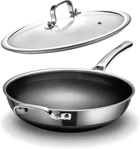 Wok, Hybrid 12 inch Wok pan with Lid, PFOA Free Cookware,non stick Stainless Steel Woks & Stir-fry pans Nonstick, Dishwasher and Oven Safe, Works on Induction