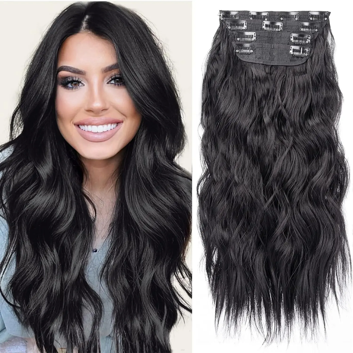 Clip in Long Wavy Synthetic Hair Extension Natural Black 4PCS Thick Hairpieces Fiber Double Weft Hair for Women