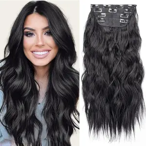 Clip in Long Wavy Synthetic Hair Extension Natural Black 4PCS Thick Hairpieces Fiber Double Weft Hair for Women