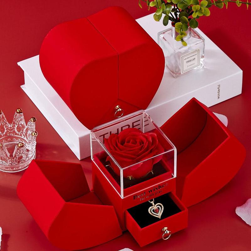 Rose Party Gift Box with Love Heart Necklace, 1 Set Romantic Rose Gift Box with “I Love You” Jewelry Necklace, Gift for Mom, Wife or Girlfriend, Birthday Gift