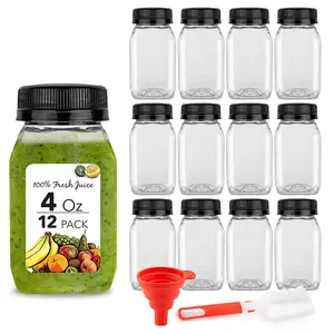 4 Ounce Mini Bottles For Fridge  Reusable Juice Containers With Black Caps Small Bottle Liquids In Lunch Box Clear Empty Plastic Container Lids Juicing (12 Pack)