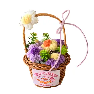 Mother's Day gift handmade bouquet knitted yarn flower puff small flower basket small bouquet pendant accessory cross- artificial flowers Rose Hand Crochet sympathy