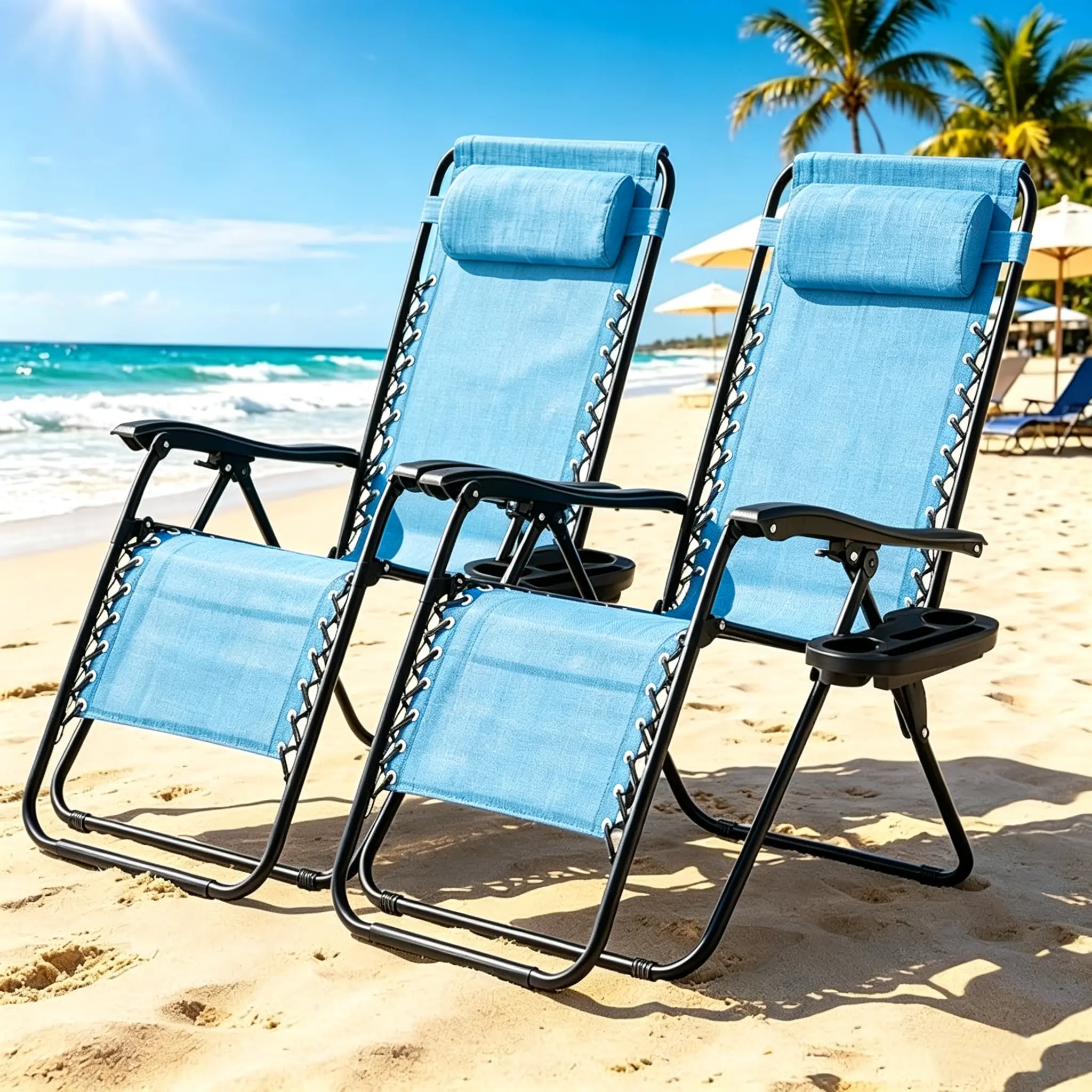 2 Zero Gravity Lounge Chairs, Outdoor Beach Chair with Cup Holder, Foldable Reclining Camping for Patio, Lawn, Beach, Black
