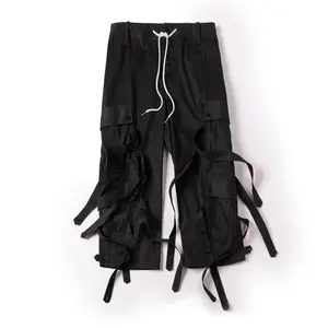 FRIED RICE Cargo Strap Pants - Black Mid Waist Unisex Wide-leg Cotton Tapered Fit with Adjustable Waist String-tie and belt loops