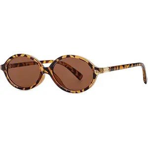 Retro Oval Sunglasses for Women Men Small Round Sunnies 90s Vintage Style (Leopard/Brown)
