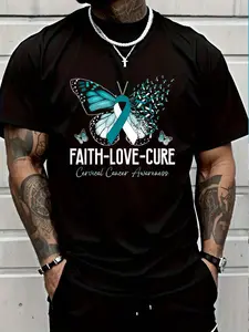 100% Cotton Faith Love Cure Cervical Cancer Butterfly Teal White Ribbon T-Shirt Women's Men's Graphic Tee Crew Neck summer vacation Tops
