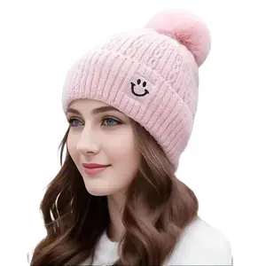 Women's Winter Knit Beanie with Pom-Pom, Warm Thick Polyester, Stretchy, Soft, Cozy, No-Brim Hat for Christmas, Hand Washable