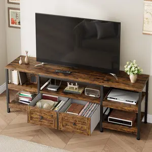 71" Rustic Brown Modern-Industrial TV Stand with Metal Frame, 2 Fabric Drawers, Open Shelves Storage, Farmhouse-Contemporary Indoor Media Console Furniture