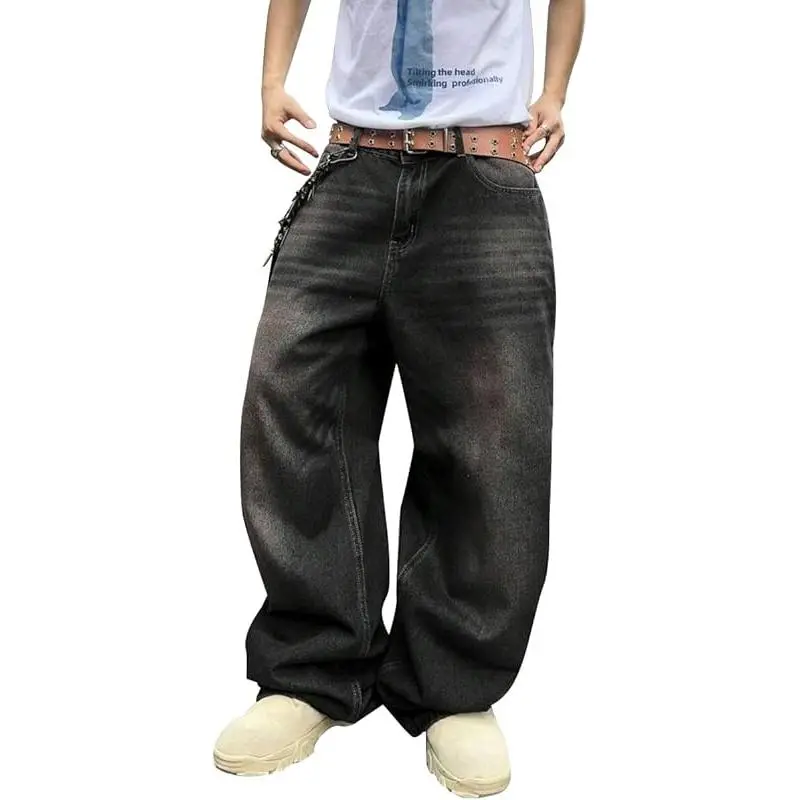 HUNGSON Men's Fashion Pants - Baggy Cotton Denim Jeans, Wide Leg, Relaxed Fit, Elastic Waist, Ankle Length, Y2k Skater, American Retro, Androgynous Vintage Plain, All Seasons Casual Streetwear Beige Menswear Bottoms  loose trouser  men leg denim jean