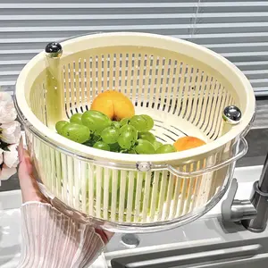 Double-Layer Rotating Draining Basket, Round Bead Hollow Design, Home Use, Cleaning, Storage, Vegetable Basket, Fruit Washing Tray, Rice Washing Basket