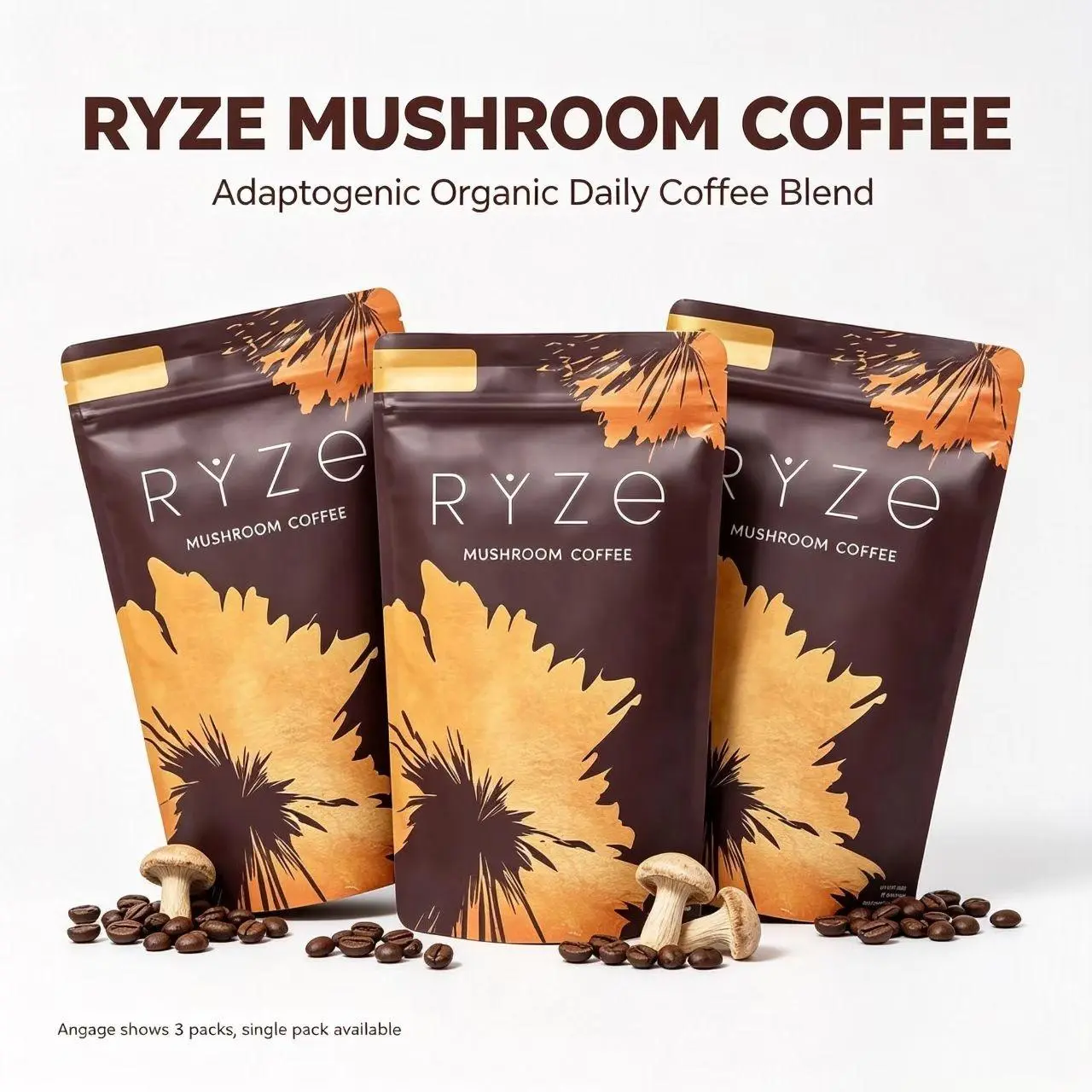 3 Piece RYZE Mushroom Coffee USDA Organic with 6 Adaptogenic Mushrooms and MCT Oil LU USA Grown Instant Coffee for Better Energy, Focus, Digestion, Immunity with Turkey Tail, Shitake, Lion's Mane, 30 Servings Vitamin