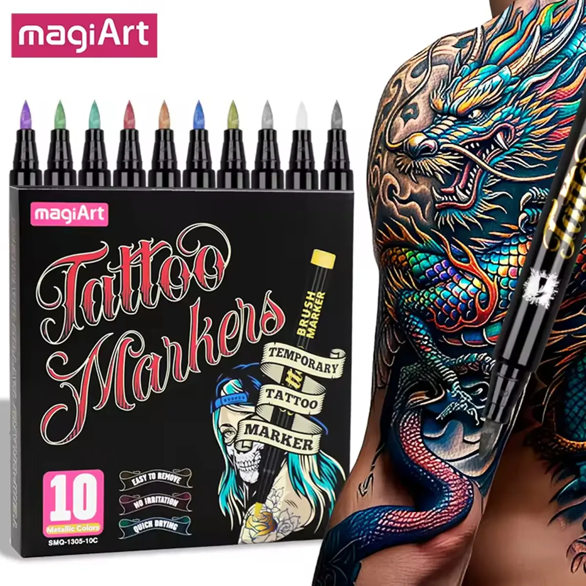 Metallic Tattoo Pens - Washable Face & Body Paint Markers with Stencils | Skin Safe for Kids & Adults, Face Painting Kit