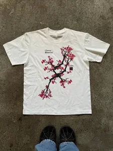 Men's Loose Fit Relaxed Fit Casual Chic Cherry Floral Print T-Shirt, Long Sleeve Drop Shoulder Design, Comfortable Daily Wear, Unisex Street Style Streetwear Tee, Garment