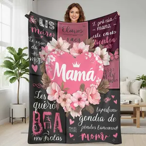 Mother’s Day Heart Floral Flannel Blanket  Pink Flower Love Print Pattern  Soft Cozy Warm Lightweight Texture  Perfect for Bedroom Living Room Sofa Gift for Mom Anniversary Home Decor