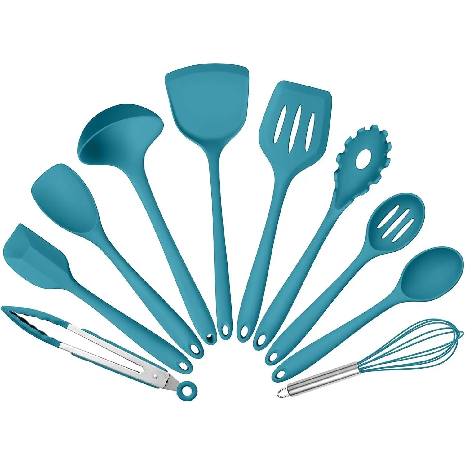 Silicone Cooking Utensils Set of 10, Kitchen Utensils Set for Cooking, 446°F Heat Resistant Silicone Kitchen Tools with Turner Spatula, Soup Ladle, Serving Spoons, Tongs for Nonstick Cookware - Blue