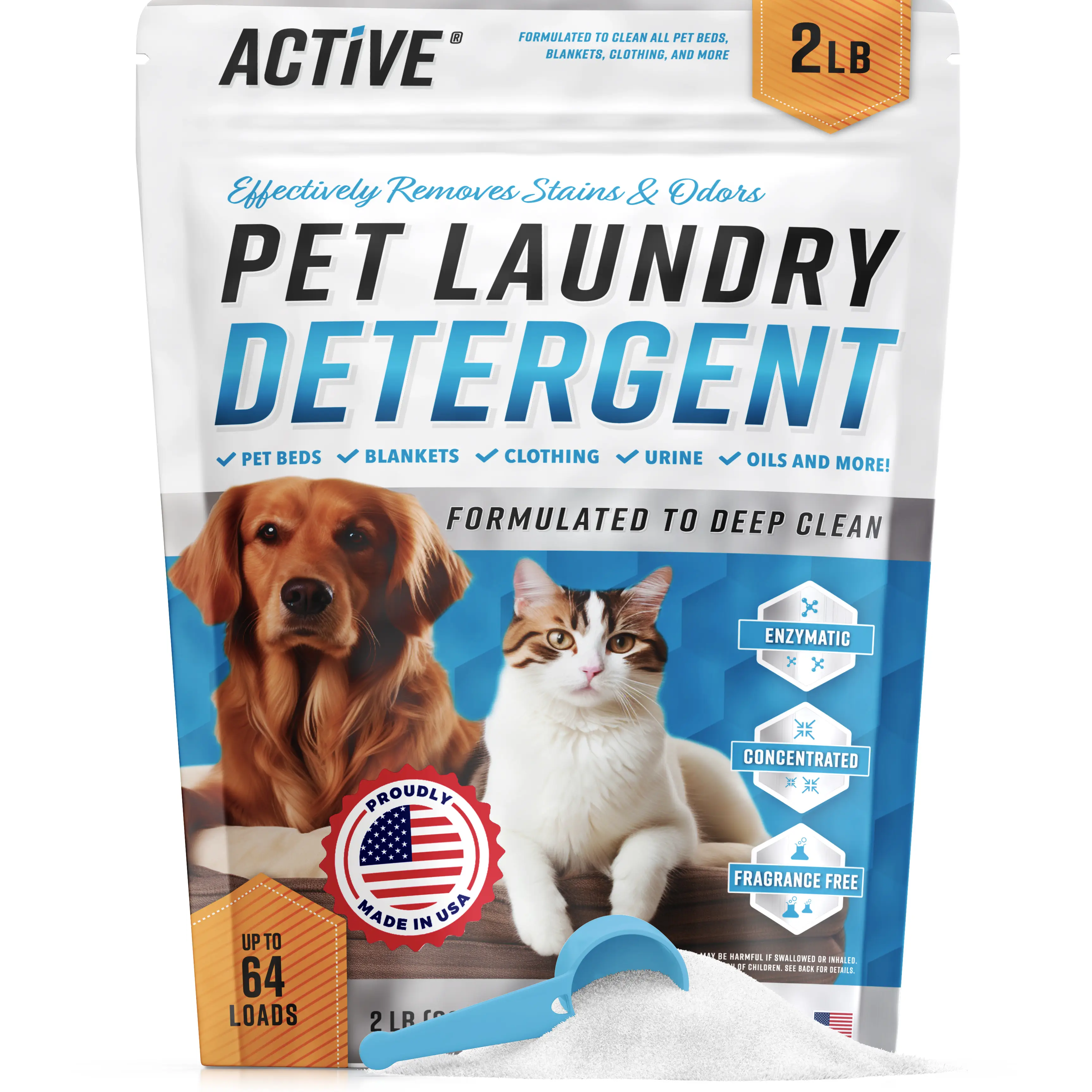 Pet Laundry Detergent Odor Remover - ACTIVE Enzyme Based Powder Detergent for Dogs Beds, Cat Pee, HE Washer Friendly Natural Enzymatic Deodorizer, Uri