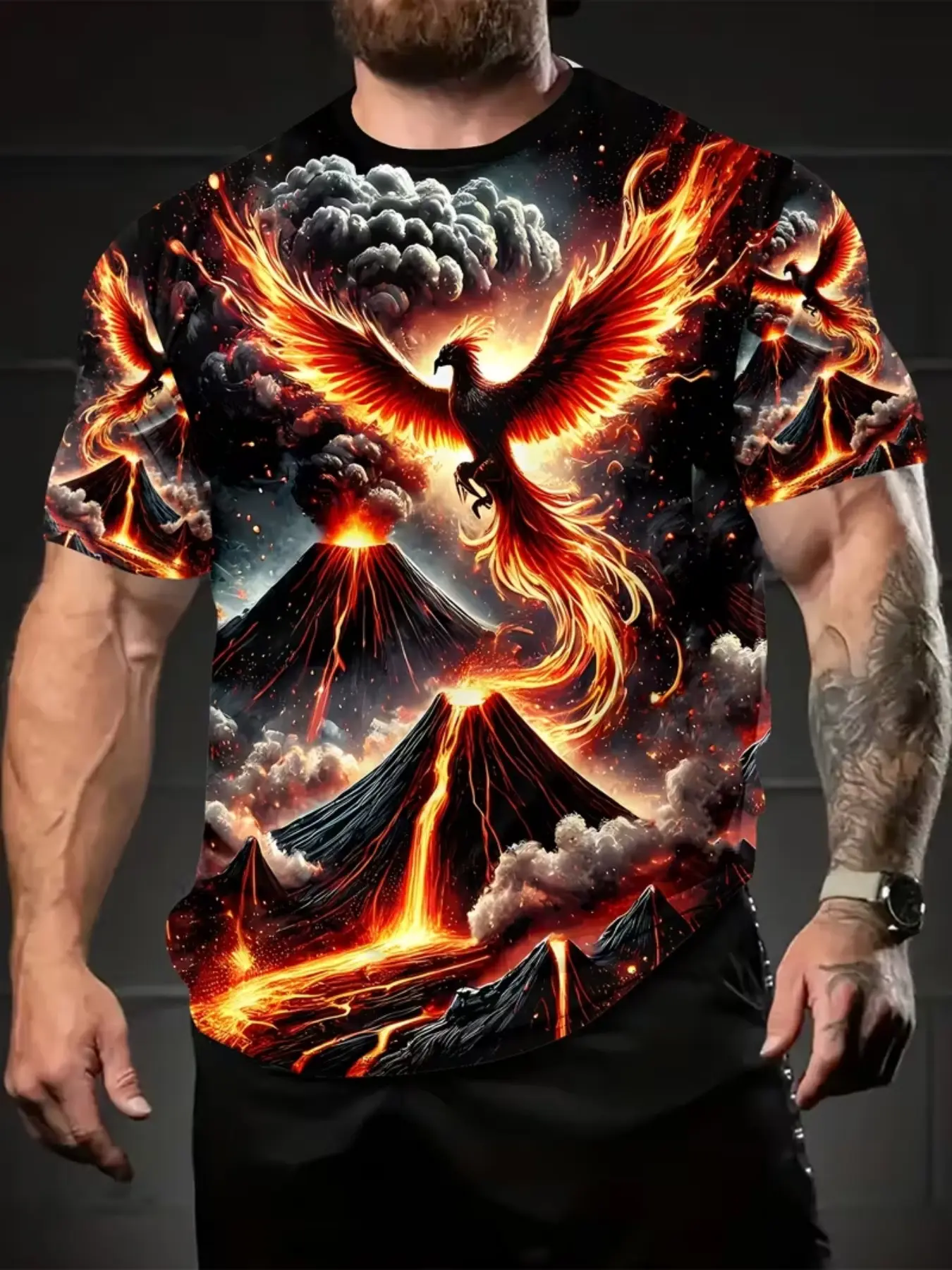 Men's 3D Volcano Phoenix Pattern T-Shirt, Short Sleeve, Breathable Comfort, Summer Outdoor Sports Top, Vibrant Flame Design