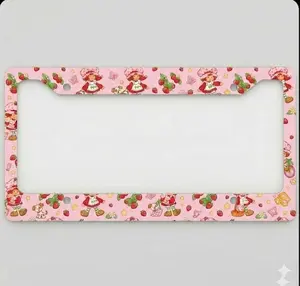 Strawberry Shortcake Pink License Plate Frame – Cute Kawaii Car Plate Holder, Car Accessories