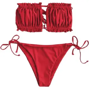 Women 2 Piece Strapless Bikini Swimsuits Ruffle Ribbed Self Tie Bandeau Bikini Set High Cut String Bathing Suits