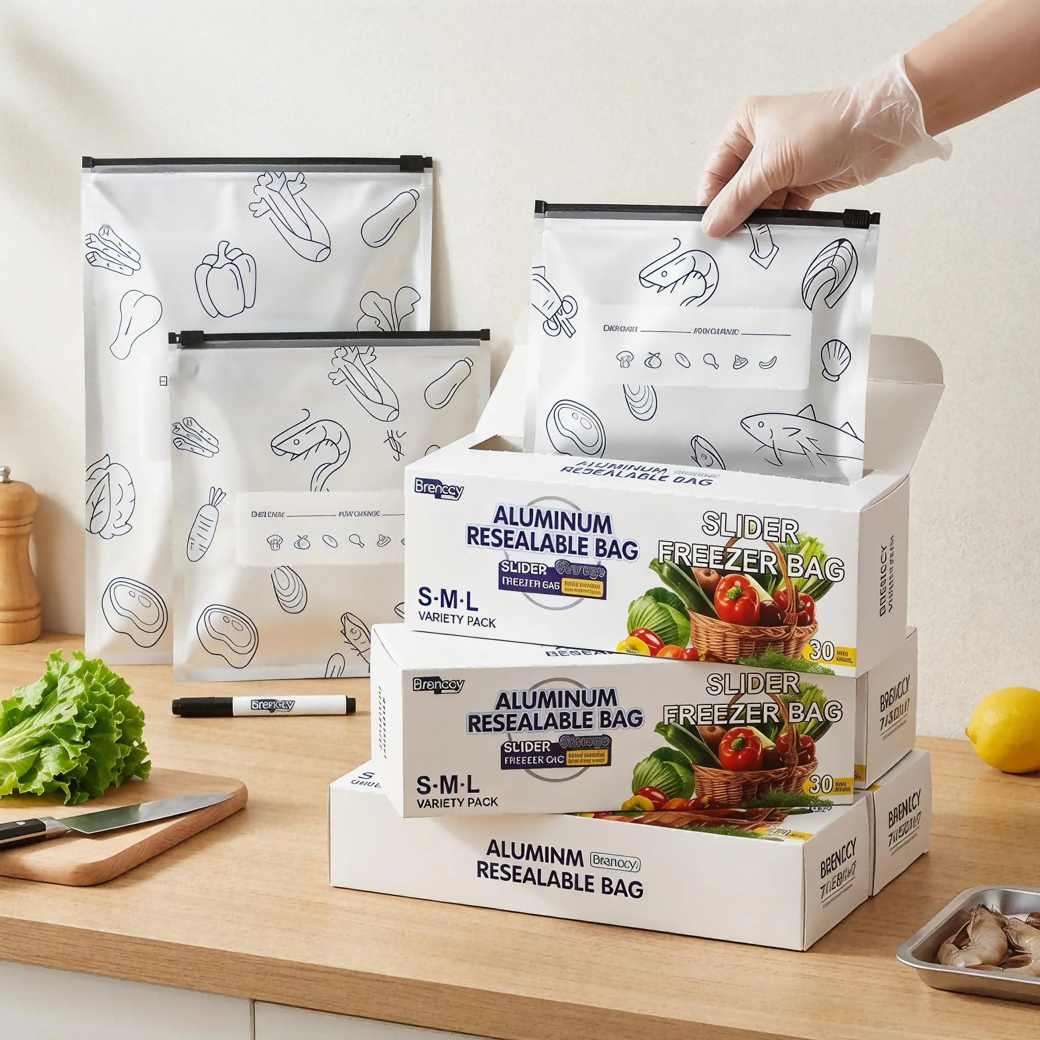 90PCS Reusable Aluminum Foil Sealable Storage Bags - 2026 New Resealable Vacuum Zipper Pouches for Kitchen Food, Stand-Up Organiser Bags with Label & Zip Lock (Boxed)