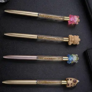 4-Pack Creative Cartoon Bear Crystal Pens, Flowing Gold Diamond Push-Button Neutral Pens, Student Gift, Office Signature Pen