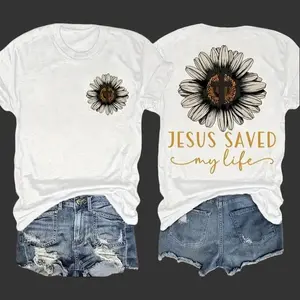 Women's Casual Comfortable Golden Fabric Short-Sleeve Jesus Saved My Life Sunflower Cross Christian T-Shirt summerwins,summerwins
