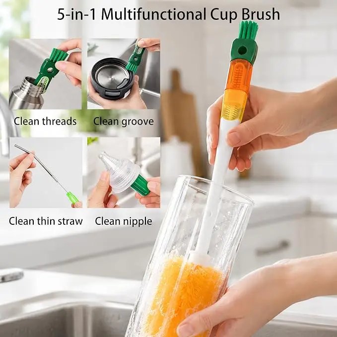 5-in-1 Cup Cleaning Brush Set with Multifunctional Bottle Brush & Sponge Cleaner