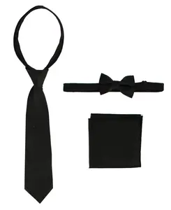 Solid Zipper Tie, Bow Tie and Handkerchief Set