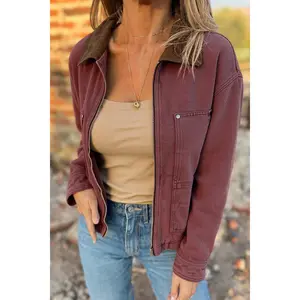 Coffee Corduroy Collar Zipped Front Denim Jacket