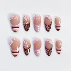 Cute Kawaii Nails/Pink Brown Striped French nails/Flower Nails/Holiday nails/Pink Press on nails Long almond nails/Y2k Nails/Holiday Nails PGI3HU