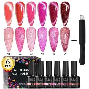 6Pcs 7.5ML Diamond Red Cat Eye Gel Nail Polish With Magnet, Super Bright Diamond Design, Easy to Use, Semi-Permanent Manicure