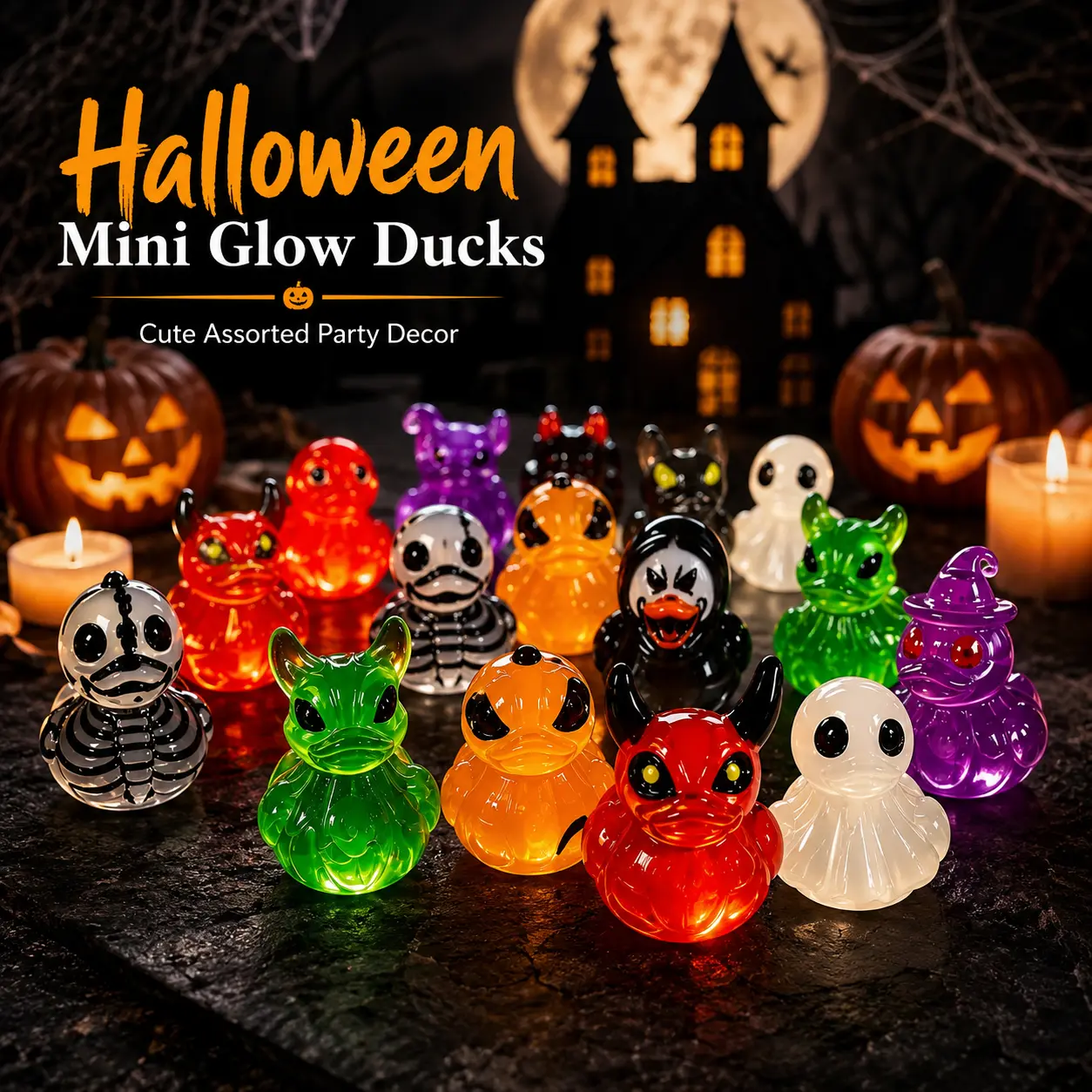 30PCS Glow-In-The-Dark Mini Halloween Duck（Devil, Ghost, and Skeleton Designs), Cute Resin Figurine, Spooky Duck Statue, Haunting Desk Decor, Miniature Garden Ornament for Halloween Party Favors