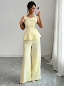 Women's Casual Two-Piece Set, Womenswear Short Sleeve Top & Wide Leg Pants, Fashionable Comfortable Daily Wear Nk-0004-506090