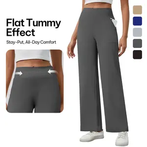 AVAMO Wide Leg Stretchy Yoga Work Dress Pants High Sandwich Waist for Women Tummy Control Business Casual Trousers with Pockets Comfortable Athletic Sweatpants Pull On Womenswear Dailywear Drape Dressy Bottom Loose